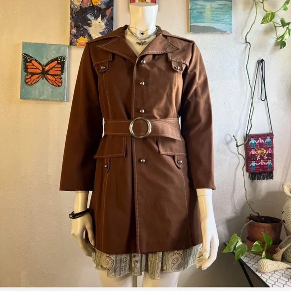 American Vintage Brown Double-Breasted Belted Trench Coat - Picture 10 of 12